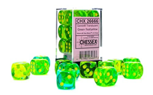 12D6 Gemini Translucent Green - Teal / Yellow Dice Block - 16mm