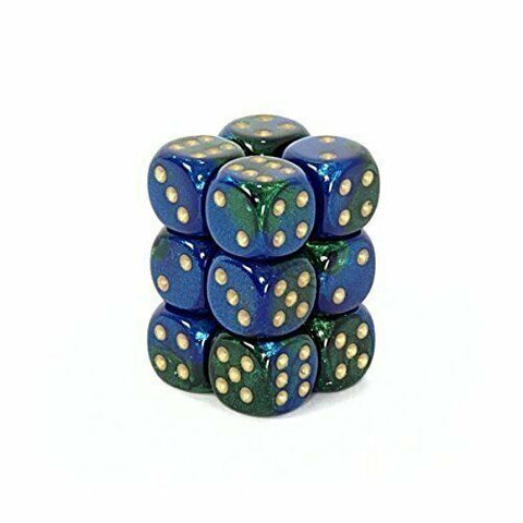 12D6 Gemini Blue - Green / Gold Dice Block - 16mm