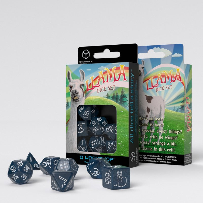 Llama Polyhedral Dark Blue & White RPG Dice Set